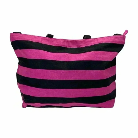 Victoria's Secret Logo Duffel Weekender Tote Bag Beach Travel Stripe Black Pink - Picture 3 of 8